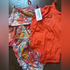Carter's Coral Tank Onesie + Floral Ruffle Two-Piece Set